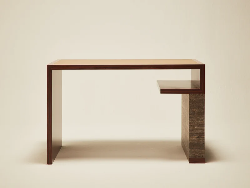'Continuous' Desk Handcrafted in Wood Veneer and Leather Tabletop