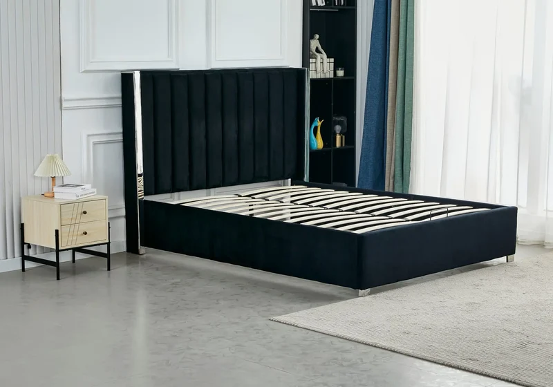 Lit coffre velours noir argenté avec sommier - Jade