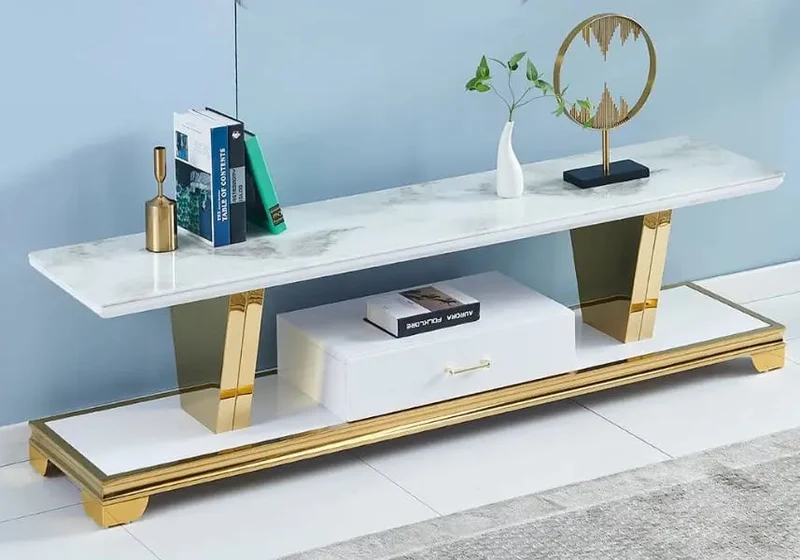 Meuble banc tv doré marbre blanc - Margot