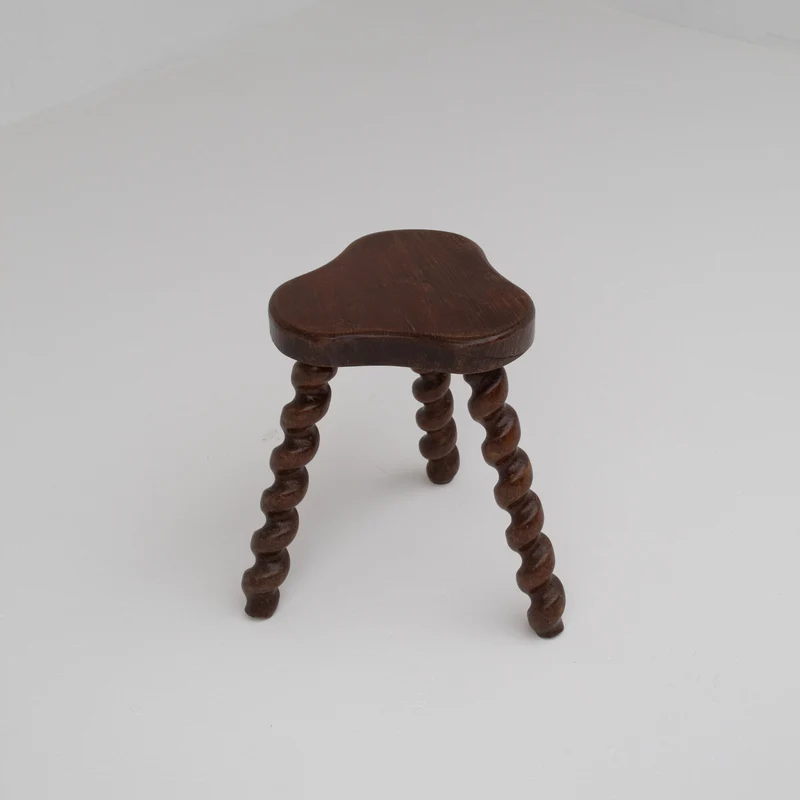 Set of 4 Primitive Oak Stools with Spiral Legs