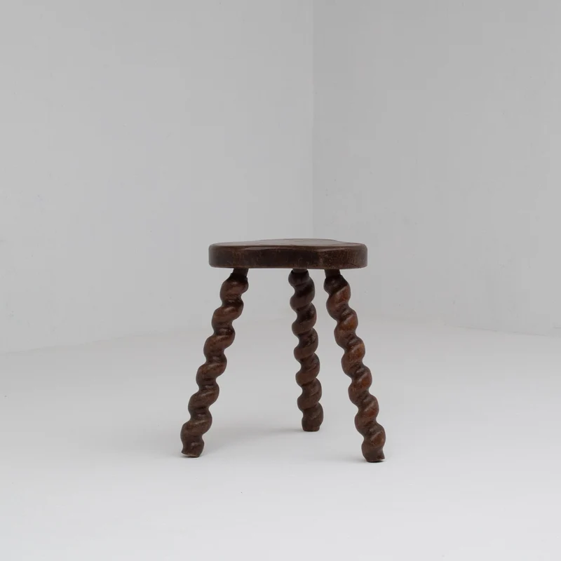 Set of 4 Primitive Oak Stools with Spiral Legs