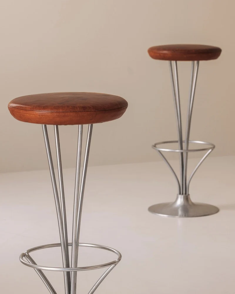 Set of Two Bar Stools in patinated leather by Piet Hein for Fritz Hansen, Denmark, 1960s