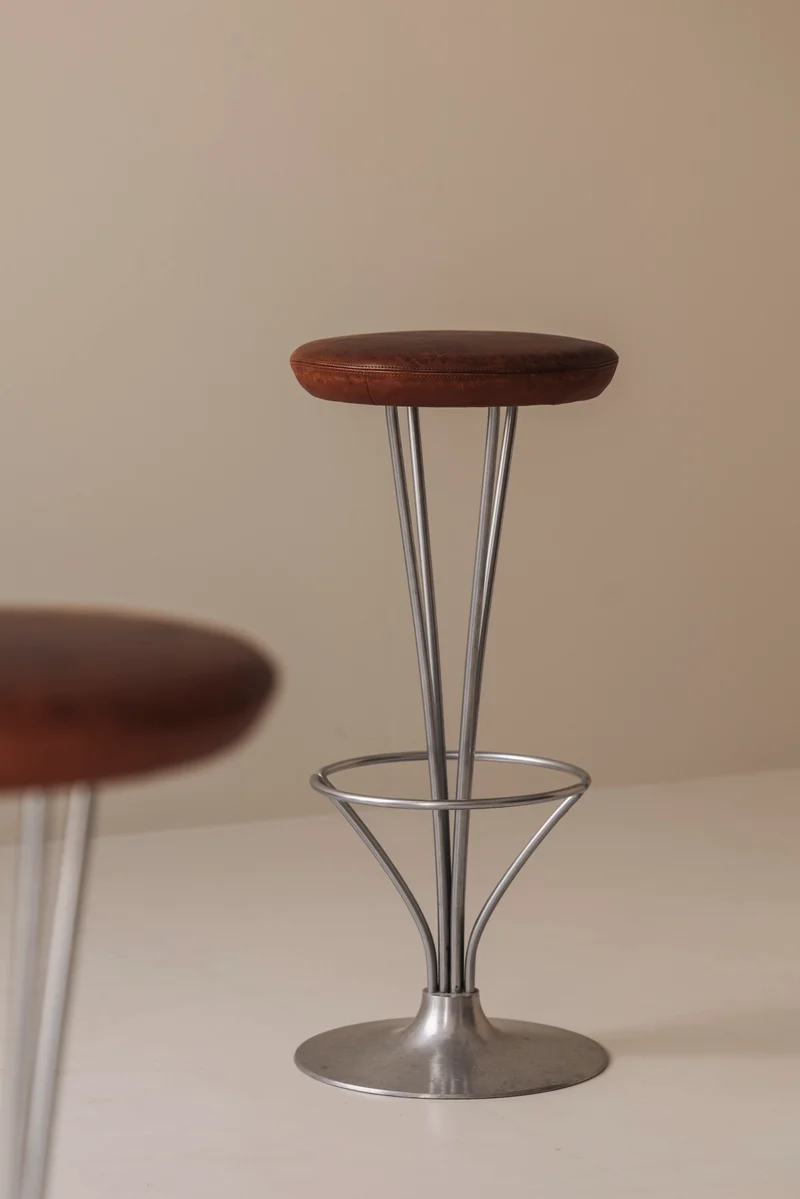 Set of Two Bar Stools in patinated leather by Piet Hein for Fritz Hansen, Denmark, 1960s