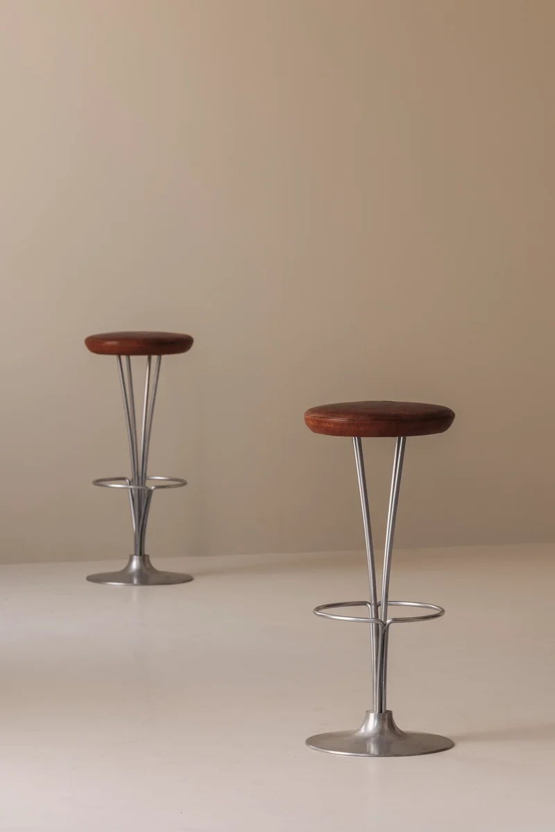 Set of Two Bar Stools in patinated leather by Piet Hein for Fritz Hansen, Denmark, 1960s