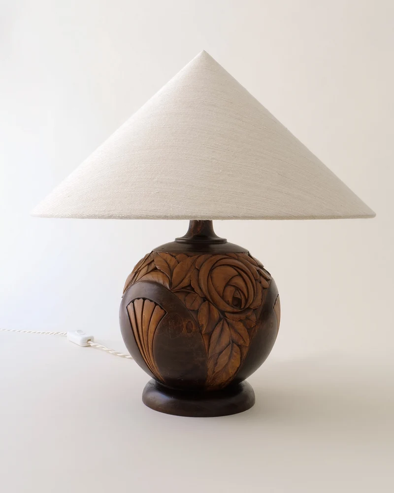 Vintage Art Deco Carved Wood Table Lamp c.1925
