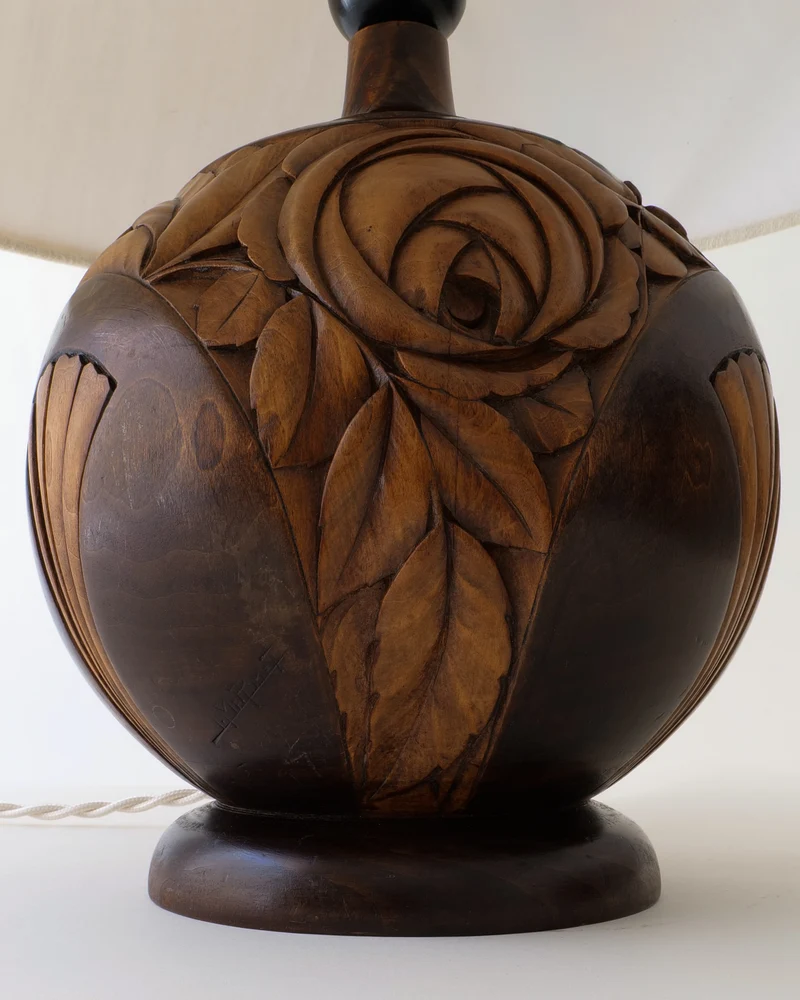 Vintage Art Deco Carved Wood Table Lamp c.1925