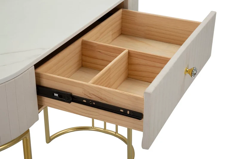 Table console crème avec pieds en métal doré (plateau en marbre)