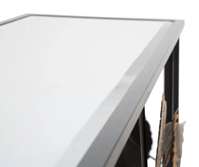 Table console en métal noir et verre avec décor de feuilles et de fleurs