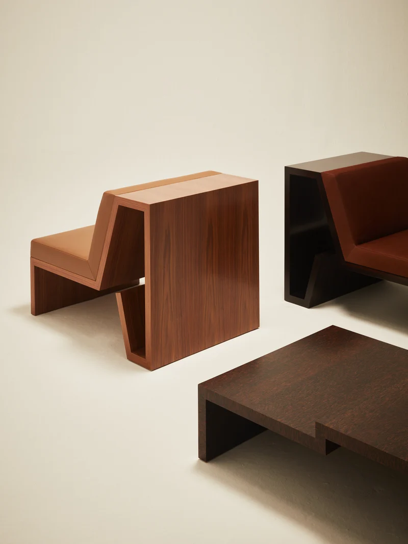 'Continuous' Lounge Chair Handcrafted in Wood Veneer & Leather Upholstery