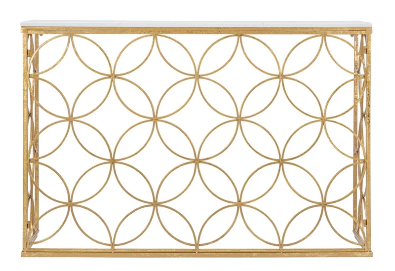 Table console géométrique en métal doré avec plateau en marbre