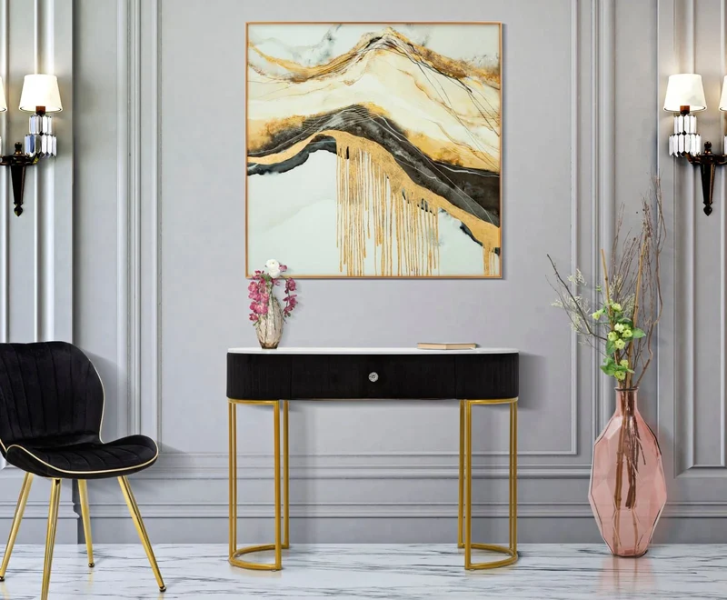 Table console noire avec pieds en métal doré (plateau en marbre)
