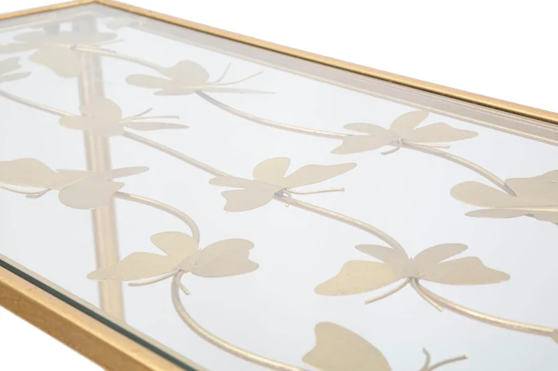 Table console rectangulaire en métal et verre doré (papillon)