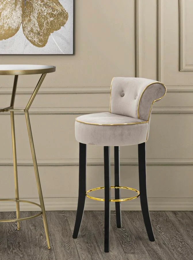 Tabouret de bar en velours gris avec pieds dorés – Chaise de comptoir Luxy