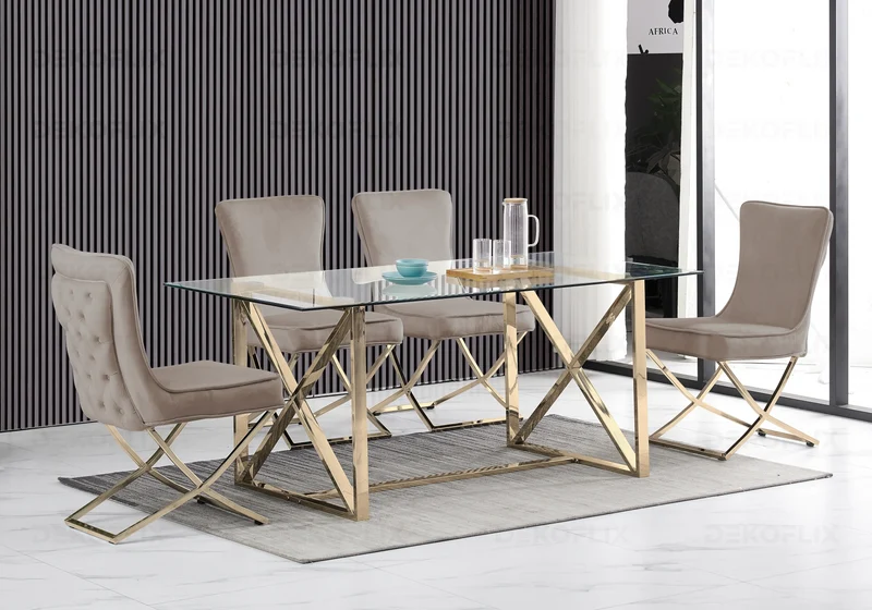 Table verre et 4 chaises velours taupe dorée - Enzo