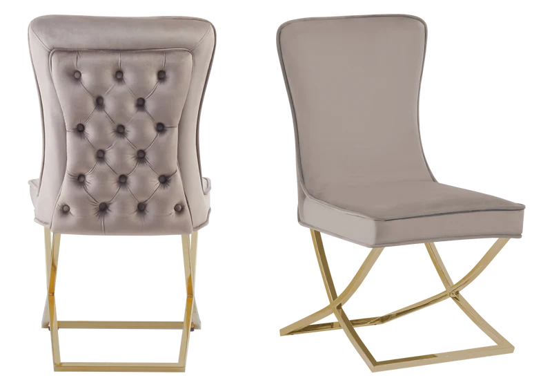 Table verre et 4 chaises velours taupe dorée - Enzo