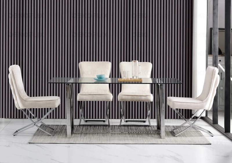 Chaise capitonnée pied croisé argent beige - Enzo x2