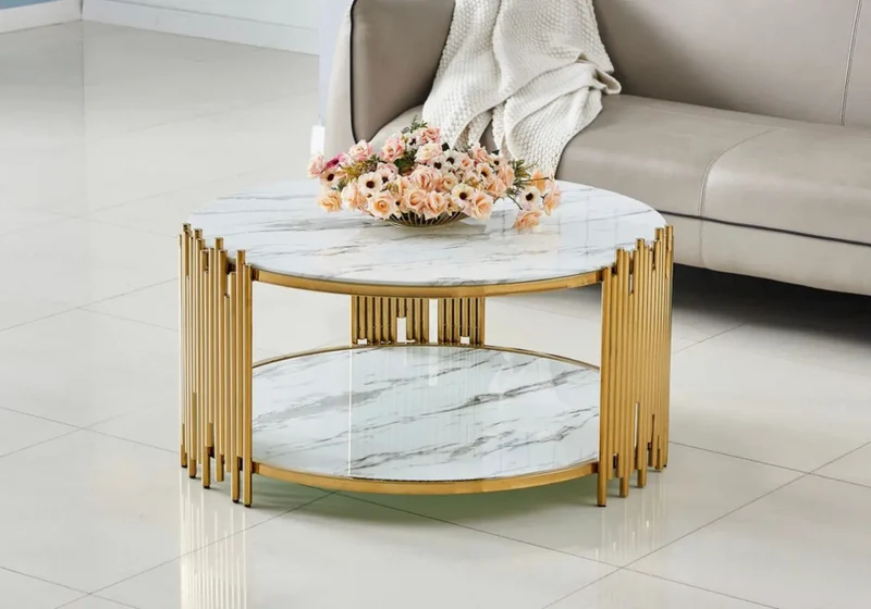Table basse ronde doré marbre blanc - Eve