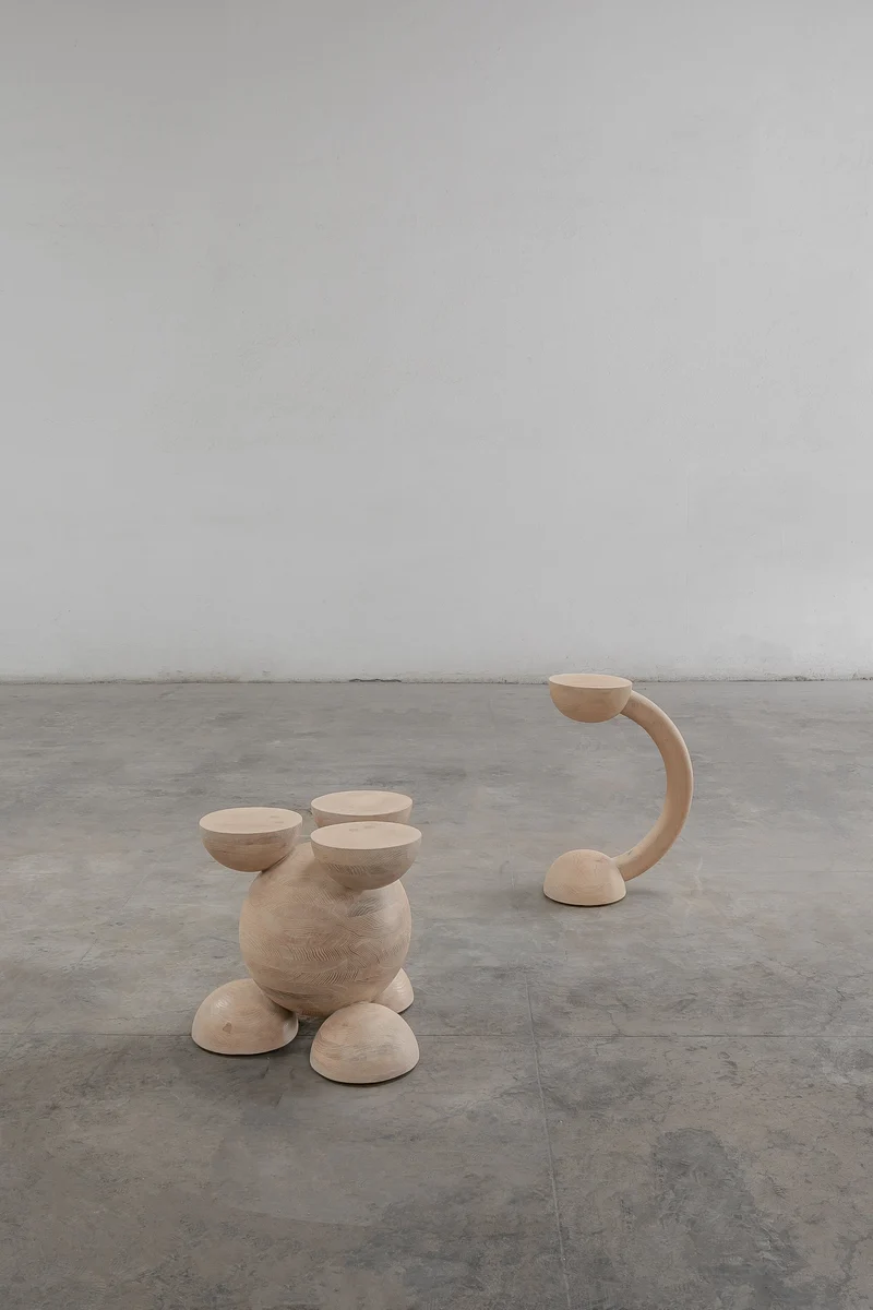 Solid Oak Sculptural Stool - BLEO III by Daniel Couttolenc, Cream Wash Finish