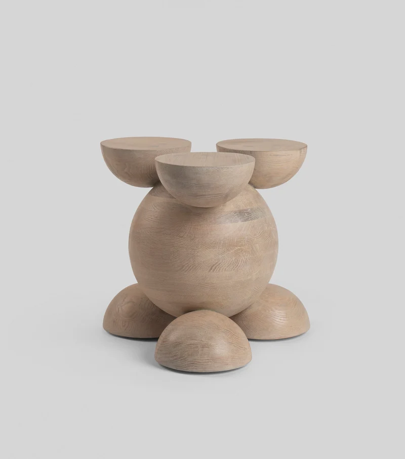 Solid Oak Sculptural Stool - BLEO III by Daniel Couttolenc, Cream Wash Finish