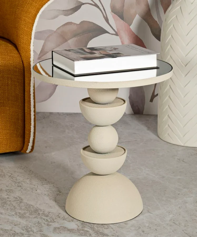 Table d'appoint ronde beige avec surface miroir – Dune Modern Accent