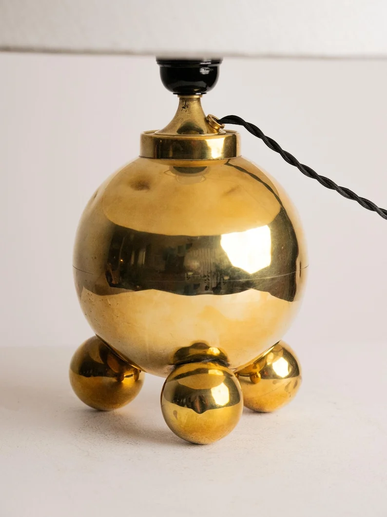 Vintage Brass Orb Table Lamp | Space Age Tripod Base, Mid Century Cone Shade