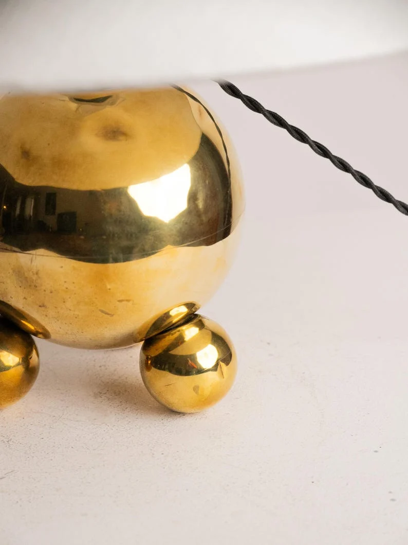 Vintage Brass Orb Table Lamp | Space Age Tripod Base, Mid Century Cone Shade