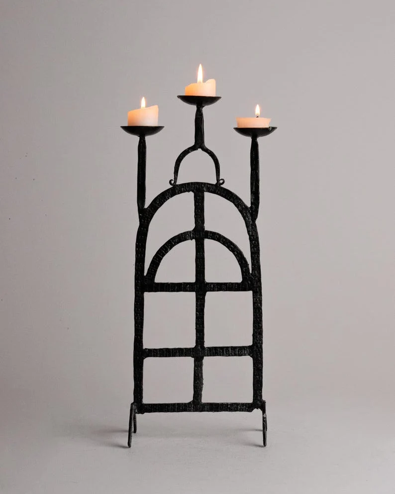 Vintage Brutalist Wrought Iron Candlestick Gothic Arch Grid Candle Holder
