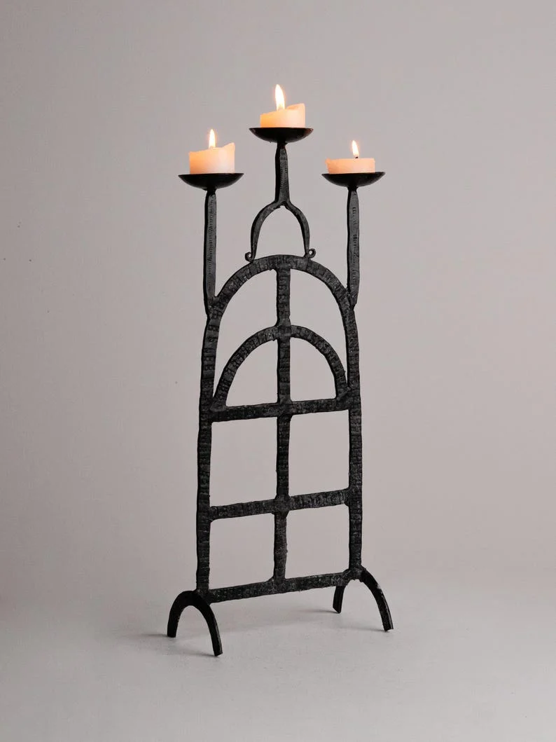 Vintage Brutalist Wrought Iron Candlestick Gothic Arch Grid Candle Holder