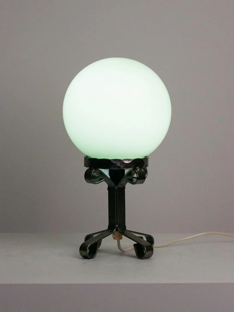 Mid-Century Vintage Mint Green Glass Globe Table Lamp – Brutalist Iron Pedestal Stand