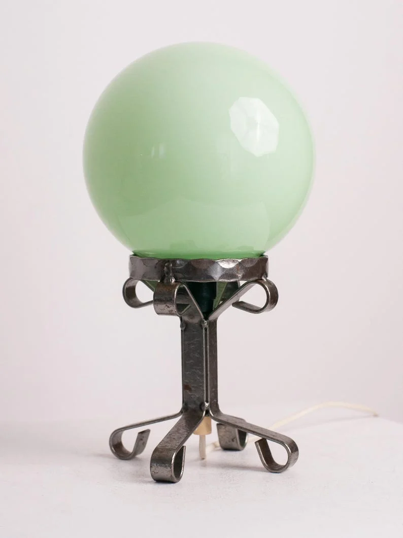Mid-Century Vintage Mint Green Glass Globe Table Lamp – Brutalist Iron Pedestal Stand