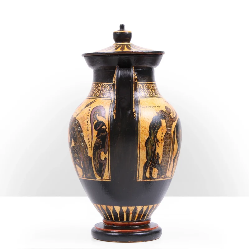 Urne Grecque à Figures Noires avec Scène Mythologique (Guerriers Grecs)
