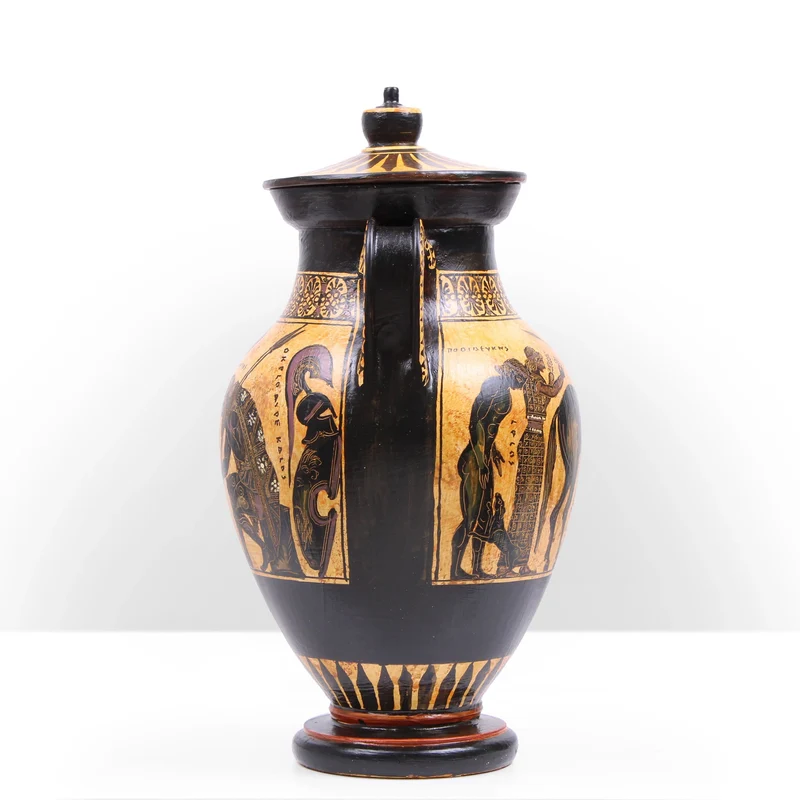 Urne Grecque à Figures Noires avec Scène Mythologique (Guerriers Grecs)