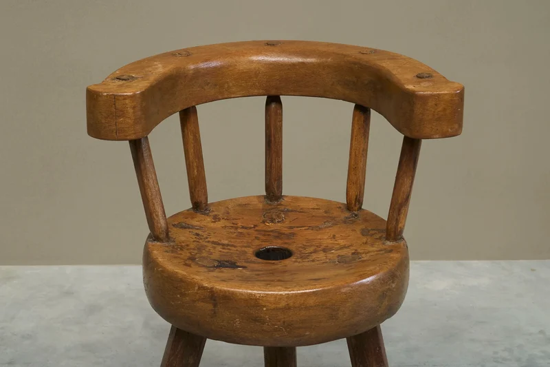 A Sculptural Three-Legged Provincial Vernacular Chair in Heavy Solid Oak France Early 20th Century