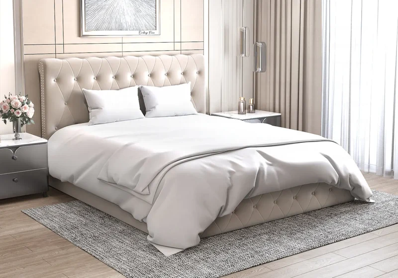 Lit coffre velours beige capitonné - Lise
