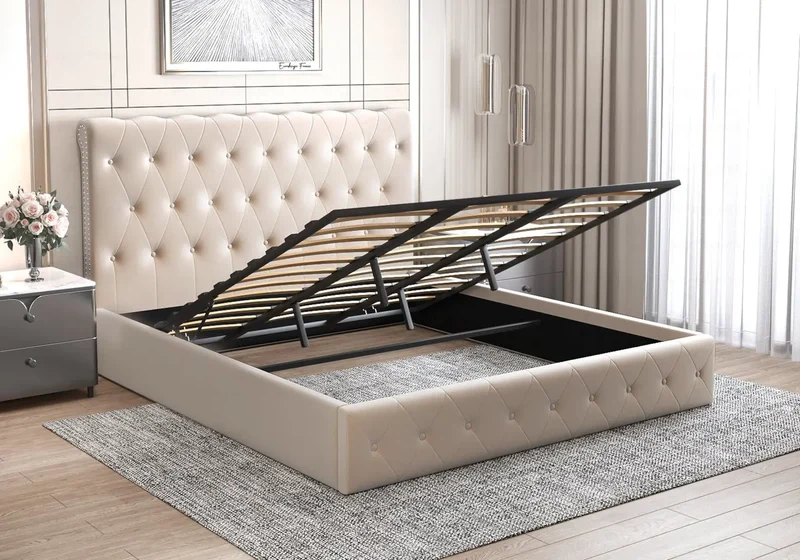Lit coffre velours beige capitonné - Lise