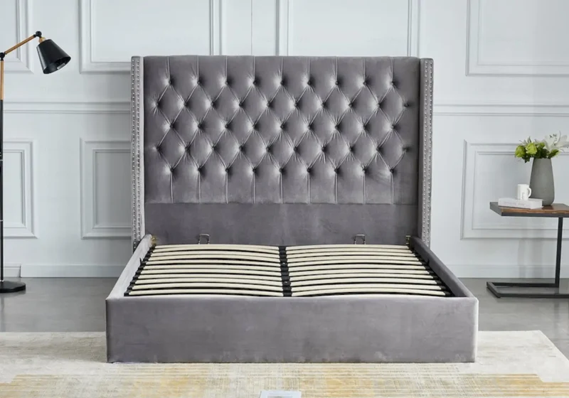 Lit coffre capitonné velours gris - Chester