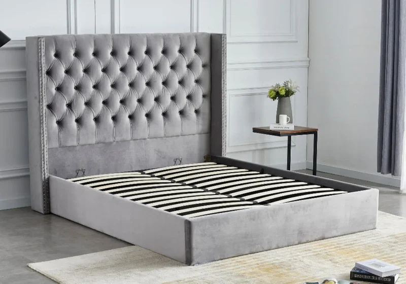Lit coffre capitonné velours gris - Chester