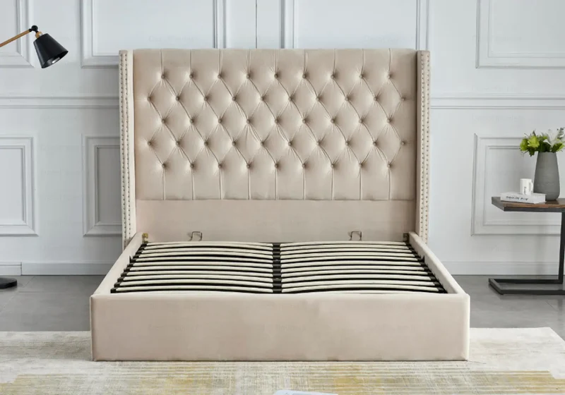 Lit coffre capitonné velours beige - Chester