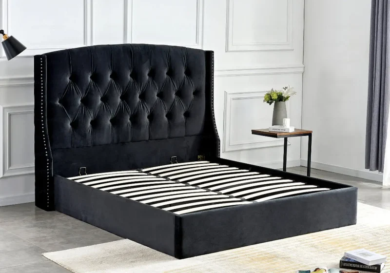 Lit coffre capitonné velours noir - Gina