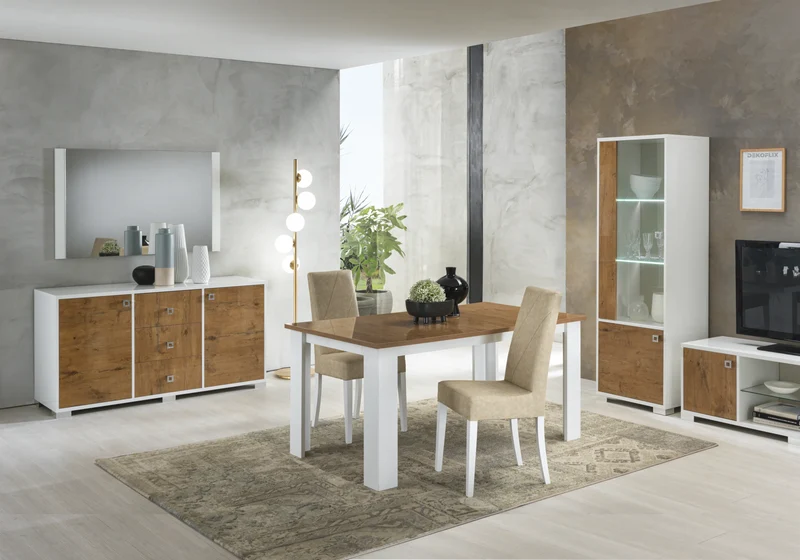 Ensemble mur TV laqué blanc & bois naturel – SARAH
