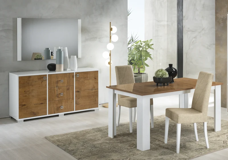 Salle à manger laquée blanc & bois naturel – SARAH