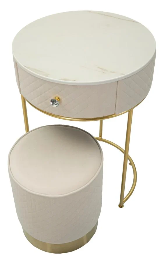 Table de chevet crème avec pouf assorti et plateau en marbre – Coiffeuse Velit