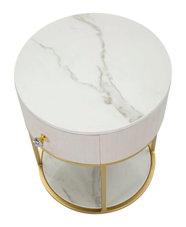 Table de chevet en métal doré et blanc à motifs de marbre