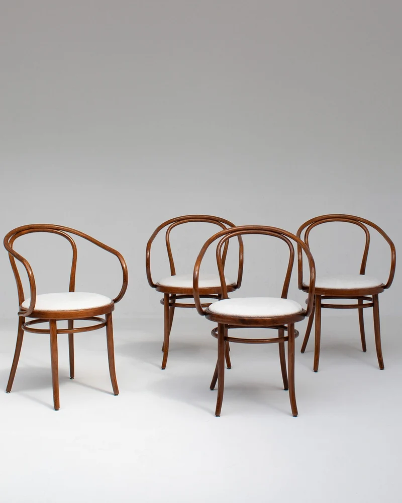 Set of Four Thonet Bentwood Armchairs in Walnut with Bouclé Upholstery