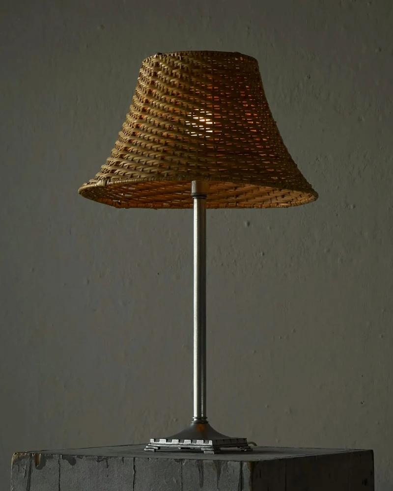 Vintage Swedish Grace Table Lamp with Rattan Shade, Sweden 1930s–1940s