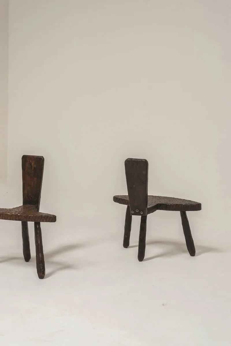 Pair of Hand-Carved Brutalist Wooden Chairs, France, 1950s