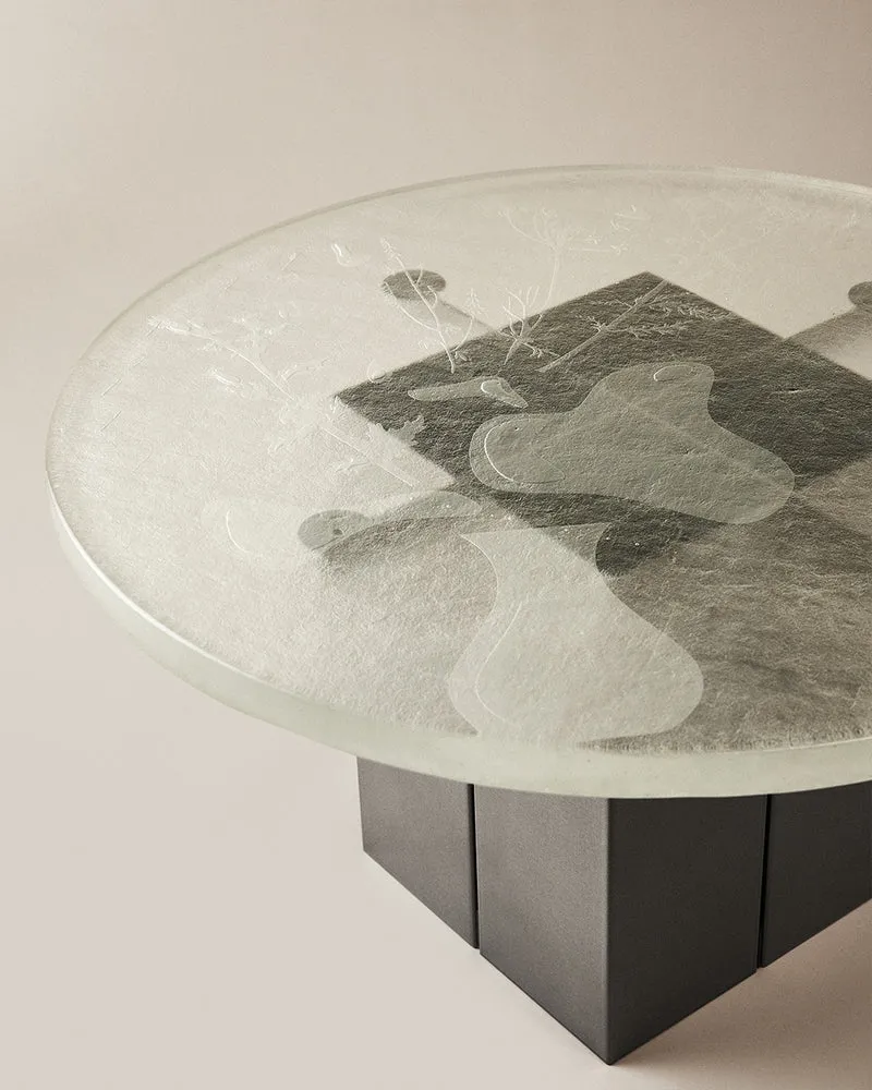 "SPILLED" Coffee Table, Engraved Glass Top
