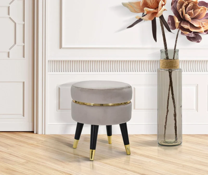 Tabouret rond en velours gris avec pieds dorés – Fauteuil d'appoint Paris
