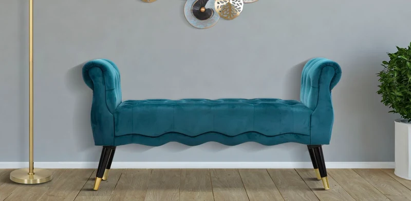 Banc en velours bleu sarcelle avec pieds dorés – Siège rembourré Paris