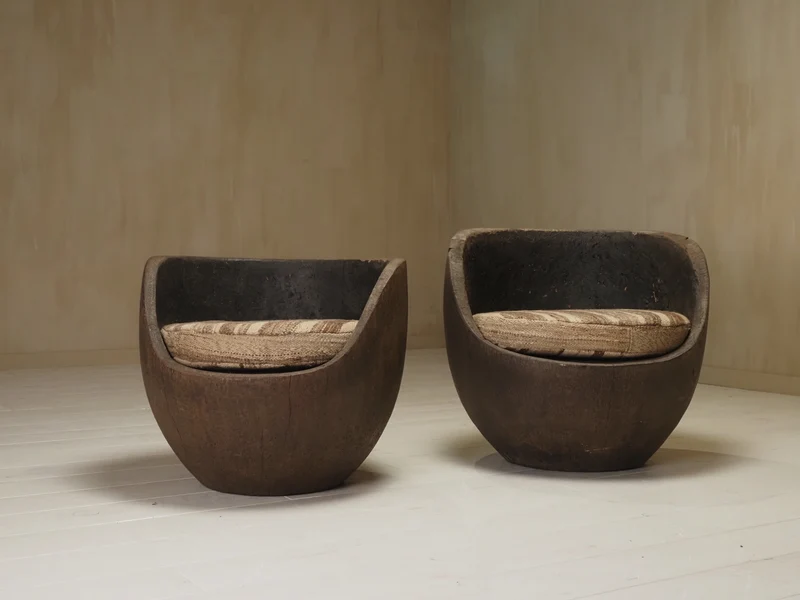 Sculptural mid-century hand-carved pair lounge chairs